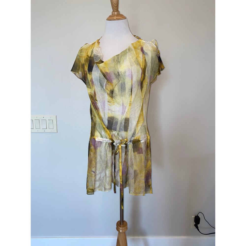 Komarov Blouse Sleeveless Yellow Sheer Tunic Waist Drawstring Size Large